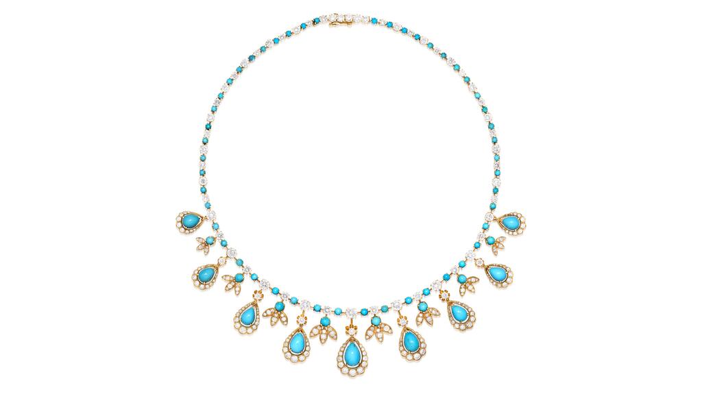 A necklace from Van Cleef & Arpels set with alternating diamonds and cabochon turquoises sold for four times its estimate VCA turquoise necklace 1985